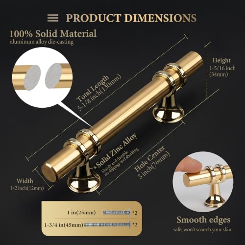Haliwu 10 Pack 3 Inch Gold Cabinet Handles | 76mm Hole Center, Solid Aluminum and Zinc Alloy, Kitchen Pulls Hardware for Bathroom Drawer Dresser - color: Gold, size: 3-inch (76mm) hole spacing