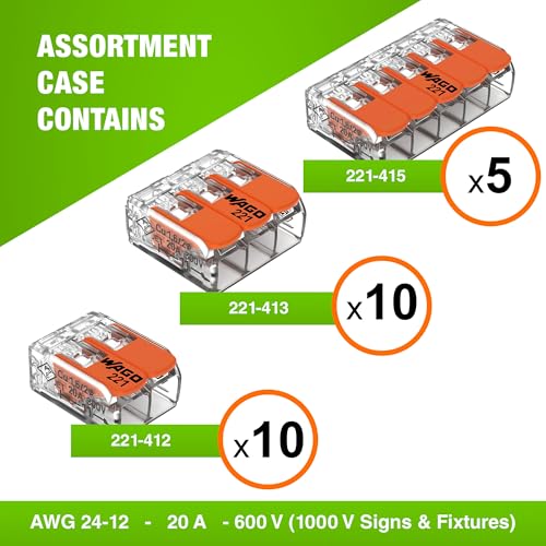 WAGO 221 Series 25pc Compact Splicing Wire Connectors | Includes (10x 221-412) (10x 221-413) (5X 221-415) | WAGO Wire Connectors | Electrical Splicing Lever Nuts | 221 Series Lever Nuts | 2-3-5 Ports - style: NAA221-25