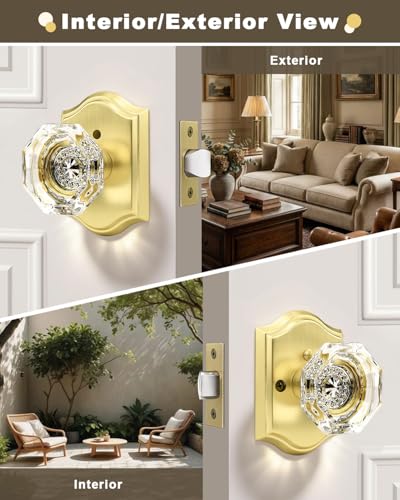 Gobrico Privacy Door Lock Sets Crystal Knobs Heavy Duty Door Hardware,Keyless Bath/Bed Door Knobset with Lock Inside,Push Pin Button,Satin Brass/Gold Arched Rosette,5 Pack - color: Satin Brass