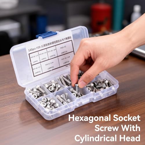 140PCS #10-32 Screws Assortment Kit, 5/16 1/4 5/8 3/8 3/4 1/2 Hex Socket Head Bolts, Nuts & Washers Assorted Set, Hex Socket Head Cap Screws Bolts Nuts Washer Kit, 304 Stainless Steel