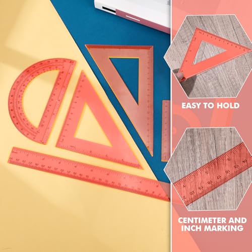 Tenare 6 Pcs Math Geometry Ruler Straight Protractor Triangle, Orange - color: Orange