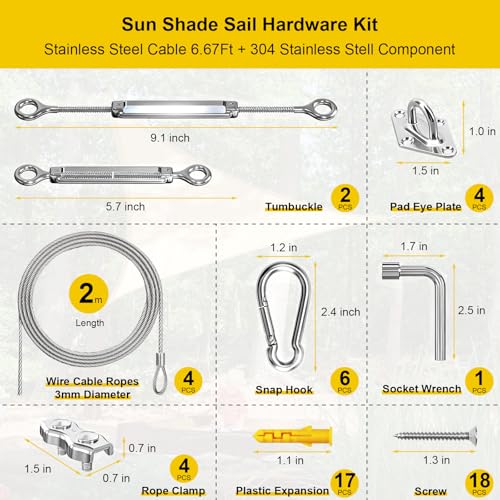 HYASIA Shade Sail Hardware Kit with Wire Ropes, 304 Stainless Steel Heavy-Duty Rustproof Turnbuckles, Hardware for Triangle Rectangle Square Sun Shade Sails, Ideal for Patios Gardens Lawns Outdoor