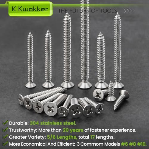 540Pcs #6#8#10 Self Tapping Screws Wood Screws Assortment Kit Phillips Tips Flat Head Drywall Screws, 17 Sizes Set Screw Assortment Kit, 304 Stainless Steel, Length 1/2" to 3", Silver - size: C. #6- #10