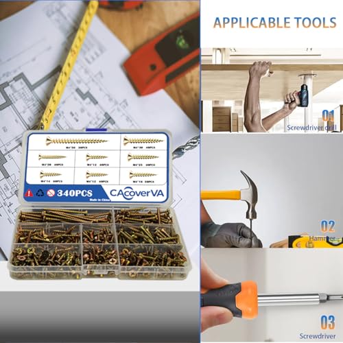 M4 Wood Screws Assortment Kit 340 PCS, Phillips Flat Head, Yellow Zinc Plated Steel, Sheet Metal Screws, Self Tapping, Full Threaded, 7 Sizes in Total (12mm/14mm/16mm/20mm/25mm/30mm/50mm)