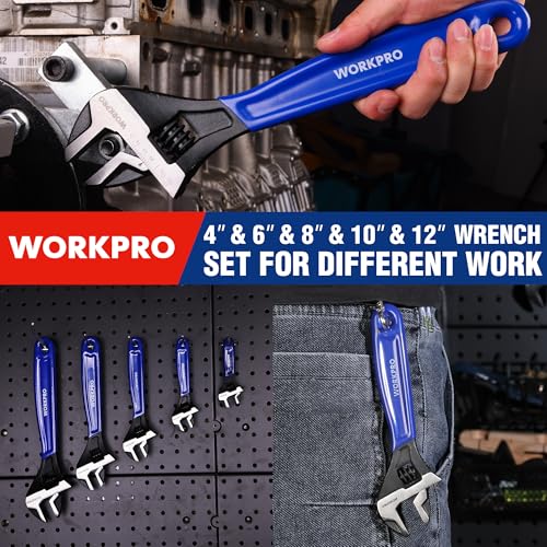 WORKPRO 5 PCS Adjustable Wrench Set, 4", 6", 8", 10" 12" Wide Jaw Wrenches - color: Blue, size: 4-Inch & 6-Inch & 8-Inch & 10-Inch & 12-Inch