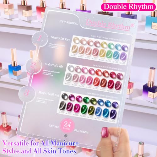 Double Rhythm 28Pcs 0.5Oz Glass Cat Eye Gel Nail Polish Set Same Color Same Bottle Magnetic Jelly Gel Polish Kit Nail Art Manicure Salon DIY at Home (Nude Pink Blue Green-T24-10) - color: Magnetic Red Pink Silver