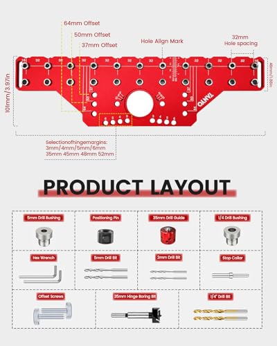 TANYO 2 In 1 Shelf Pin Jig and Hinge Jig, 35mm Drill Bits, Cabinet Hardware | Aluminum, 4 Hardened Bits, 1/4" Spacing, Offset 37/50/64, Hinge 3-6mm, Woodworking Drill Guide Tool - color: Red, size: 11 Hole