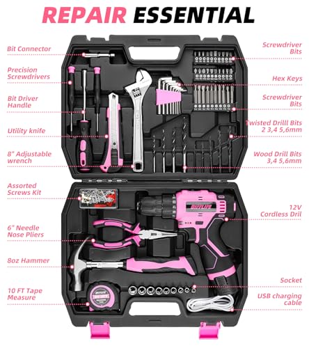 147 Piece Pink Power Drill Drivers Tool Set, 12V Cordless - style: 147 Piece Pink
