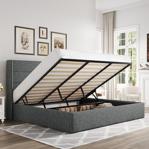 Allewie King Size Lift Up Hydraulic Storage Bed Frame Dark Grey - color: Dark Grey, size: King, style: Modern