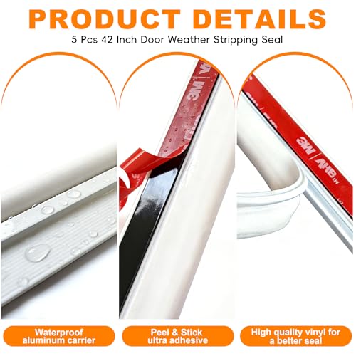 42“ Long Self-Adhesive Door Seal Kit, White Aluminum & Vinyl Cinch Weather Stripping for Top and Sides, No-Tools Easy Install (5, White)