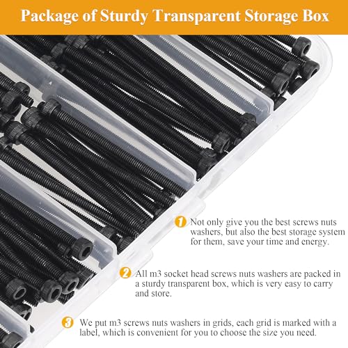 305 Pieces M3 x 30/35/40/45/50mm Hex Socket Head Cap Screws Nuts Washers Set Black, Sutemribor M3 Long Screws, M3 Black Screws Nuts Washers Assortment Kit, 12.9 Grade Alloy Steel, Fully Threaded - size: M3 x 30-50mm, style: Socket Head
