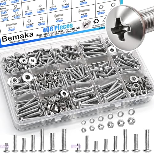 408PCS Machine Screws Nuts and Bolts Assortment Kit, 304 Stainless Steel Bolts #6-32#8-32#10-24 M3 M4 M5 Phillips Pan Head Hardware Screw Assortment Kit, Assorted Bolts, Nuts and Washers Kit - size: 408PCS