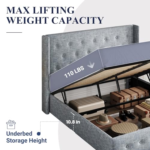 Allewie Full Size Lift Up Storage Button-Tufted Bed Frame Blue Grey - color: Blue Grey, size: Full, style: Traditional