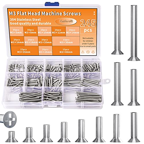 M3 Phillips Flat Head Machine Screws,304 Stainless Steel Countersunk Fasteners Bolts Assortment Kit M3 x 5mm/8mm/10mm/12mm/14mm/16mm/18mm/20mm/25mm/30mm/35mm/40mm
