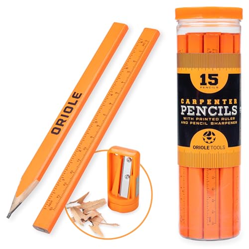 Carpenter Pencils 15 Pack with Sharpener and Storage Container — Flat Construction Pencils for Framing, Woodworking, Concrete, Drywall | For Contractors & DYI