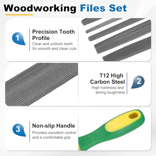 HARFINGTON 5pcs Metal File Set 10" Coarse Teeth High Carbon Steel Hand Files with PP Handle Square/Flat/Triangle/Half-Round/Round for Metal Wood Stone Grinding Polishing Engraving - size: 1, style: Coarse Teeth