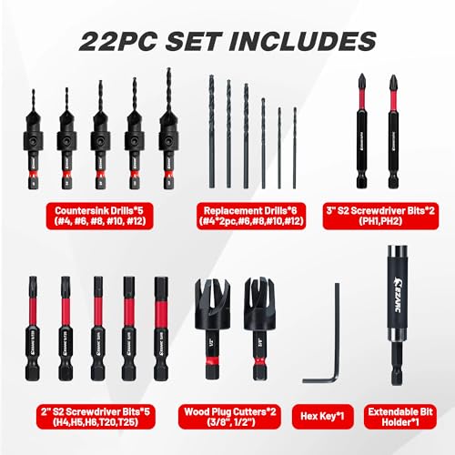 EZARC Countersink Drill Bit Set, 22PCS Two-Flute Bits with Plug Cutters