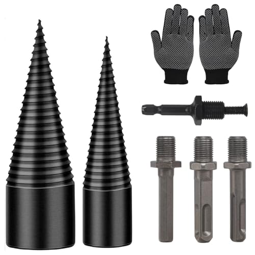 Wood Splitter Drill Bit 42mm + 32mm with Anti-Slip Gloves and 4 Drilling Handles, Log Splitter Drill Bit Kindling Splitter for Wood Splitting Drill Bit Heavy Duty Firewood Splitter Drill (42mm+32mm)