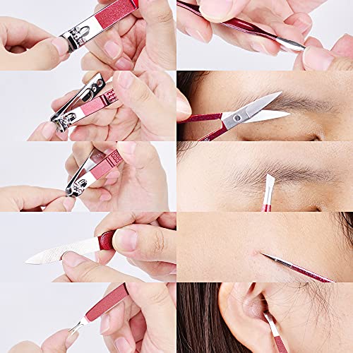 HANTEKAS Manicure Set 10 in 1 Stainless Steel, Nail Clippers Scissors Pedicure Tools Kit - Portable Travel Grooming Kit for Men and Women with Leather Case (Rose Red) - color: Rose Red