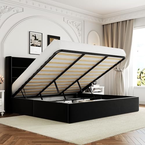 Allewie King Size Lift Up Hydraulic Storage Bed Frame Black - color: Black, size: King, style: Modern