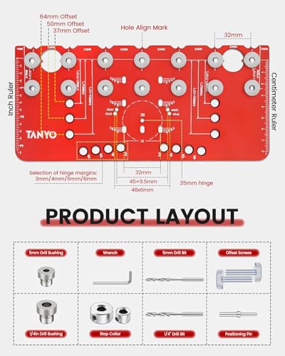 TANYO Shelf Pin Jig and Hinge Jig 2 In 1, 1/4 Inch Adjustable, 7 Hole - color: Red, size: 7 Hole