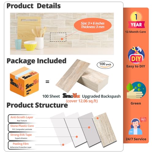 StyloVue 100 Pieces Peel and Stick Backsplash for Kitchen, 3" x 6" PVC Subway Tile Upgraded Grayish Beige with Gray Grout Backsplash Stick on Tile Elevate Kitchen, Bathroom, Fireplace,RV - color: Grayish Beige