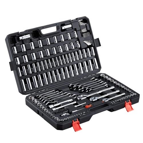 VEVOR Mechanics Tool Set, 159-Piece Mechanic Tool Kit, 1/4 in, 3/8 in, and 1/2 in Drive, SAE and Metric Socket Set, Wrenches, Screwdriver Bits, Accessories, and Storage Case, for Automotive Repair - size: 159-PCS