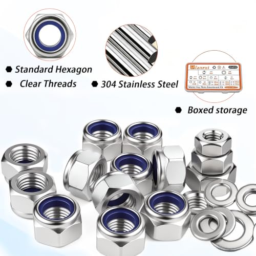 Dianrui 252PCS Metric Hexnut & Locknuts Assortment Kit with Flat Washer, Nuts and Washers Set 304 Stainless Steel (M3/ M4/ M5/ M6/ M8/ M10/ M12) Hardware Nuts-7 Sizes - size: 252PCS Metric Hex&Lock Kit