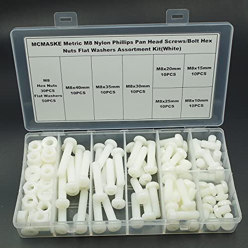 Metric M8 Phillips Pan Head Nylon Screws Nuts Flat Washers Assortment Kit, Screws Length:10mm to 40mm(White) - size: M8