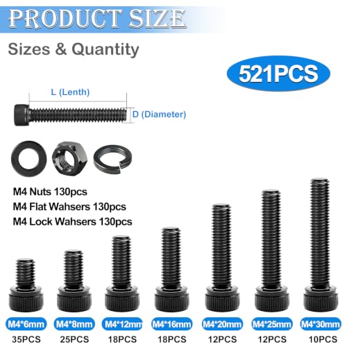 mxuteuk 521PCS M4 Screws Assortment Kit,M4×6/8/12/16/20/30mm 6 Size Hex Socket Head Cap Bolts, Nuts & Washers Set,12.9 Grade Alloy Steel Black Zinc M4 Bolts for Mechanical, Repair & DIY - size: 521PCS M4