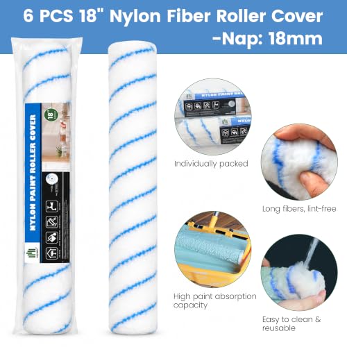 VOOMEY 18 Inch Paint Roller Covers 3/4" Nap Nylon, Deep Pile Roller Sleeves for Rough & Textured Surfaces, Large Paint Roller for Stucco, Brick, Wall & Ceiling (Pack of 6) - size: 18in6pcs(Nylon)