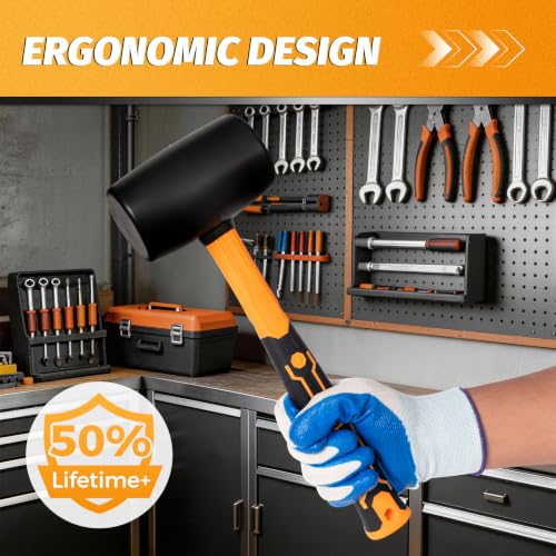 24 OZ Rubber Mallet Hammer, GIFT GLOVES. | Solid Head & Non-Slip Ergonomic Grip Handle, Soft Face Hammer For Woodworking, Flooring, Tiling, Camping and More - style: 24 OZ Rubber Mallet Hammer