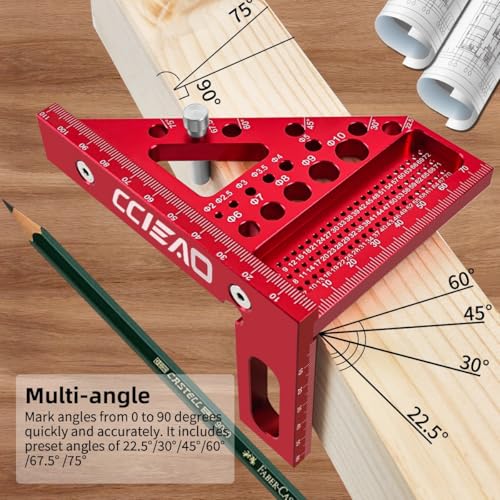 3D Multi-Angle Carpenter Square Scriber, 22.5-90 Degree Drawing Line Ruler with Pin, High Precision Woodworking Square Protractor for Carpenters,Construction,Craftsmen and DIY (Metric) - color: Metric