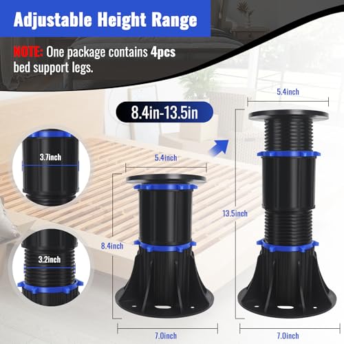 YHK 4PCS Adjustable Height Bed Support Legs 8.4-13.5 inch, Bed Frame Support Legs for Bed Slat, Bed Support Reinforcement Parts Bed Frame Support Replacement - size: 4PCS