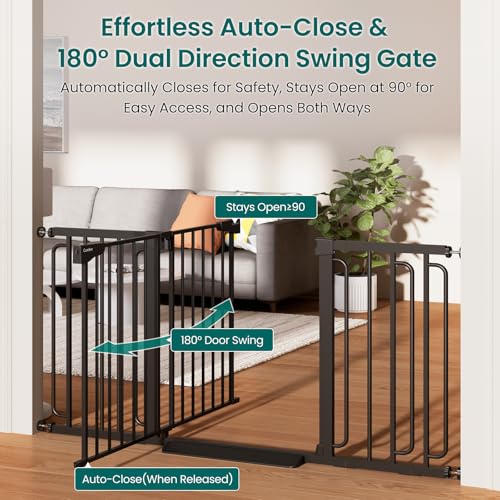 Cumbor 30.4-56.8" Extra Wide Baby Gate, Auto Close Dual Lock Dog Gate Black - color: Black, size: 30.4"-56.8" W x 30.5" H