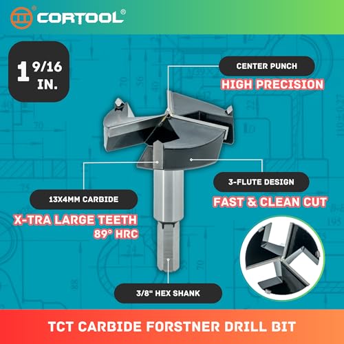 Forstner Drill Bit 1-9/16 Inch, Triple-Flute Carbide Tipped Forstner Bit for Hard Wood, Soft Wood, Veneered Plywood, Plastic, Drilling Hole Saw Woodworking Hinge Cutter Tool - style: 1-9/16 Inch