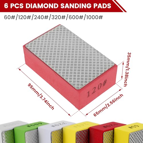 6 Pcs Diamond Hand Polishing Pads, 60/120/240/320/600/1000 Grit Wet Dry Diamond Sanding Blocks with Sponge Backing, Anti-Clogging Grid,Reusable for Sands Glass Wood Ceramic Marble Metal Tile Tools