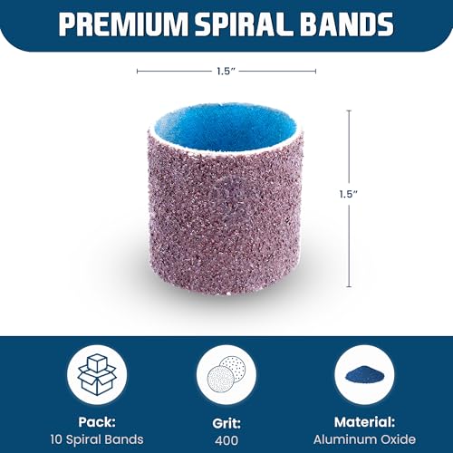 Benchmark Abrasives 1.5" x 1.5" Aluminum Oxide Abrasive Spiral Bands for Rotary Tools, Drum Sleeves for Sanding Deburring Blending Polishing on Metals Plastic Wood Rubber (10 Pack) - 400 Grit - style: 400 Grit
