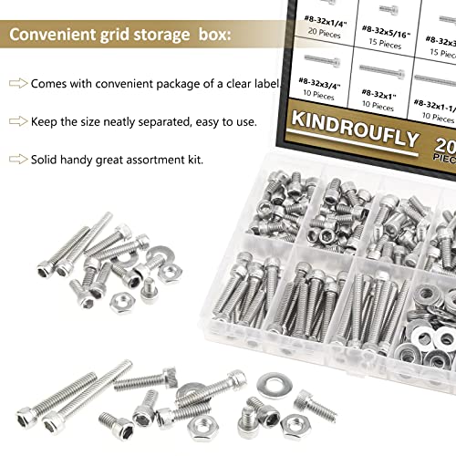 202 Pieces #8-32 x 1/4", 5/16", 3/8", 1/2", 5/8", 3/4", 1", 1-1/4", Hex Socket Head Cap Screws Nuts Washers Assortment Kit, 304 Stainless Steel, Fully Machine Thread - size: #8-32, style: Socket Head