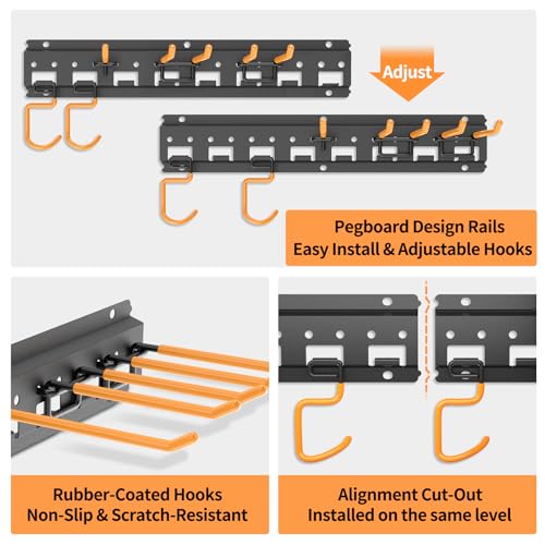 Garden Tool Organizer Wall Mount - Garage Storage and Organization Yard Tool Hanger with Adjustable Pegboard Hooks Shed Rack for Broom Mop Shovel Rake Trimmers, 48 inch Max 550lbs, Black - size: 48 Inch