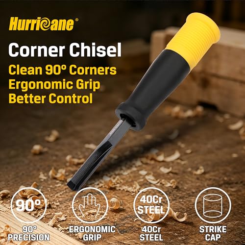 HURRICANE 8mm Corner Chisel, 90° Square Mortise Chisel for Door Hinges, Strike Plates & Cabinetry, Right Angle Wood Chisel with Metal Strike Cap & Ergonomic Grip - size: 8mm