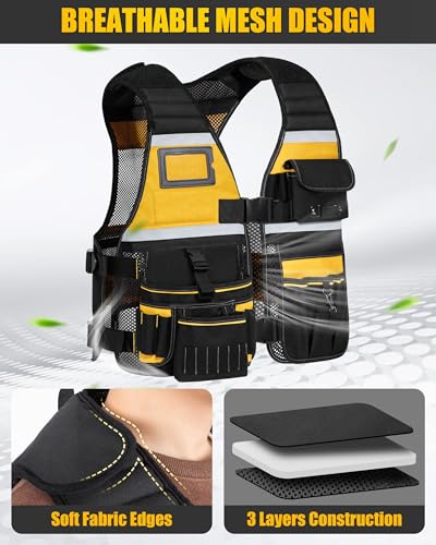 Electrician Tool Vest for Men, Carpenter Safety Work Vest - color: Black With Yellow