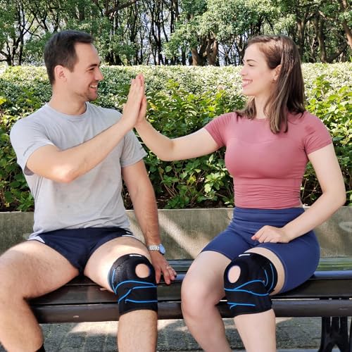 DOUFURT Knee Brace for Men & Women, Side Stabilizers & Patella Gel Pads - color: Blue & Black, size: Medium(Pack of 1)