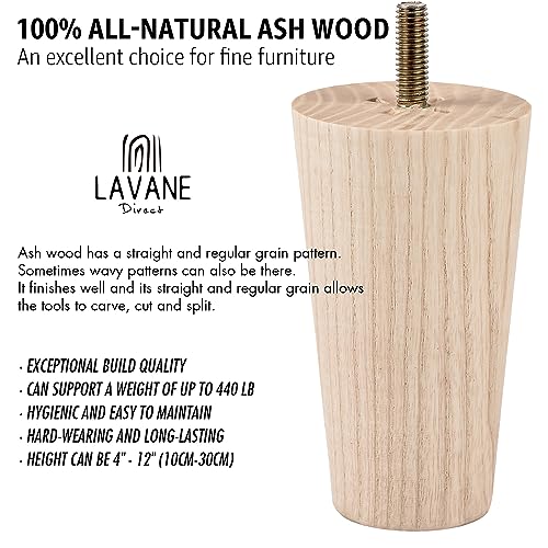 La Vane 4 inch Ash Wood Tapered Furniture Legs 4-Pack with 5/16" Thread | Unfinished Ash Wood with Straight Grain, 400lb Load Capacity, Hardware inclu., Mid-Century Modern, Upgrade for Sofa Cabinet - color: Tapered, size: 4"