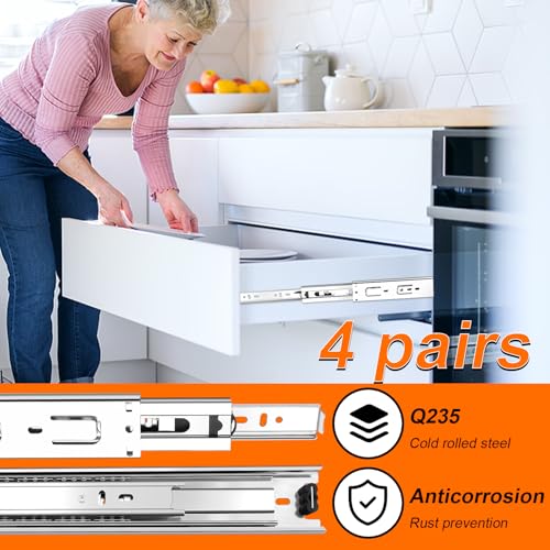 12 inch Drawer Slides 4 Pairs (8pcs) 3 fold Full Extension Side Mount Cabinet Drawer Glides 12" Silver Cabinet Rails for Dresser, Cabinet, Kitchen,Trash Can, Wardrobe 100 LB Capacity - size: 12 Inch