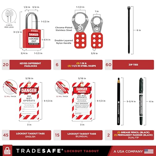 TRADESAFE Lockout Tagout Station with 20 Keyed Different Loto Locks, 6 Lockout Hasps, 60 Lock Out Tags, Lock Out Tag Out Kit Station, Lock Out Kit Cabinet 22-1/2 x 18 x 3 inches - style: Stocked | Keyed Different