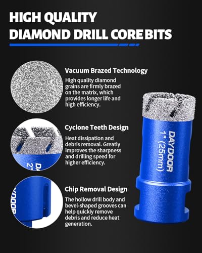 DAYDOOR Diamond Hole Saw Kit,15-Piece Tile Hole Saw Kit Vacuum Brazed(Blue) - color: Blue, size: 1/4",5/16",4/5",1",1-3/8",2",3",4"