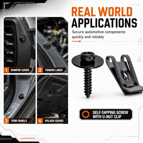 100 Pieces M4.2 Universal Fender Liner Screws and U-Nut Kit, 50 Sets Automotive Body Fasteners, Fender Screws with U Clips for Splash Shield, Wheel Well Liner, Under Cover and Body Panel Repair - color: Black M4.2 x 1.4