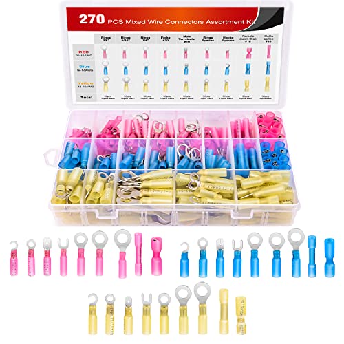Nilight 270 PCS Heat Shrink Wire Connector Waterproof Marine Automotive Connector Assortment Rings Fork Hook Spade Butt Splices - color: 270Pcs Mixed Heat Shrink Terminals