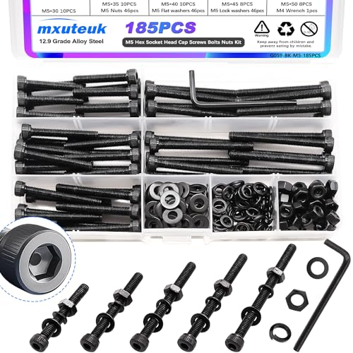 mxuteuk 185PCS M5 Screws Assortment Set, M5 Hex Socket Head Cap Screws Bolts Nuts Kit, 12.9 Grade Alloy Steel Bolts with Hex Wrench - size: 185PCS M5 x 30/35/40/45/50mm